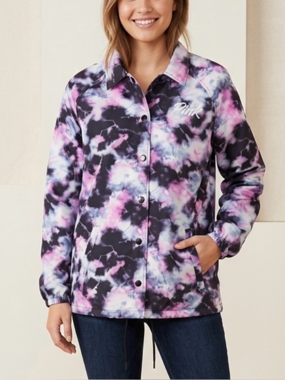 Victoria's Secret PINK Tie-Dye Bomber Jacket in Pink, Navy & White